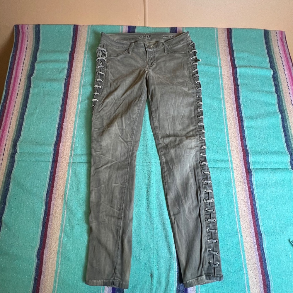 Guess Lace Up Skinny Jeans Womens 28 Olive Grey Side Grommet Edgy Biker Moto